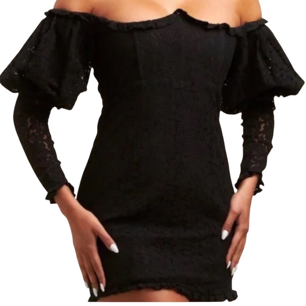 New LUXXEL Black‎ Lace Off Shoulder Puff Sleeve Mini Dress S coquette whimsigoth